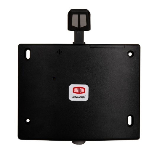 Front view of the black doorsense showing a rectangular black device with a small white and red label