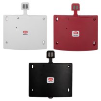 Group of three aadsbk aadws doorsense fire door retainers in white red and black shown from the front