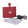 red doorsense kit contents including red device, mounting bracket, screws, batteries and instruction sheet