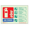 Red and green Csdprl Powder Fire Extinguisher Sign Landscape Front showing fire extinguisher symbol and safety information icons