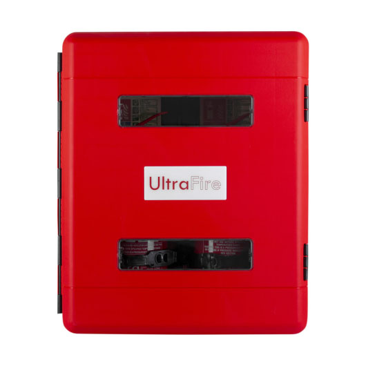 A red fire extinguisher cabinet with 2 fire extinguisher visible through the window