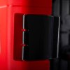 Closeup of the latch on an ultrafire weatherproof double extinguisher cabinet in red and black colors
