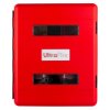 Front view of the ultrafire weatherproof double extinguisher cabinet in red with two clear window panels