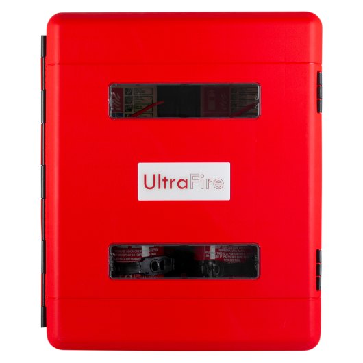 Ultrafire Weatherproof Double Extinguisher Cabinet Front view of the ultrafire weatherproof double extinguisher cabinet in red with two clear window panels