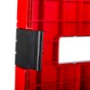 Close up of the black latch on an ultrafire weatherproof double extinguisher cabinet in red plastic