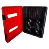 Ultrafire weatherproof double extinguisher cabinet shown open with red door and black interior fittings for two extinguishers