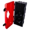 Ultrafire weatherproof single extinguisher cabinet shown open at an angle with red door and black interior
