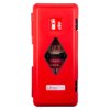 ultrafire weatherproof single extinguisher cabinet in red shown from front with foam visible through diamond window