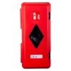 Front view of the ultrafire weatherproof single extinguisher cabinet in red with a small window and symbol panel