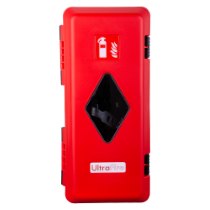 Ultrafire Weatherproof Single Extinguisher Cabinet Front view of the ultrafire weatherproof single extinguisher cabinet in red with a small window and symbol panel