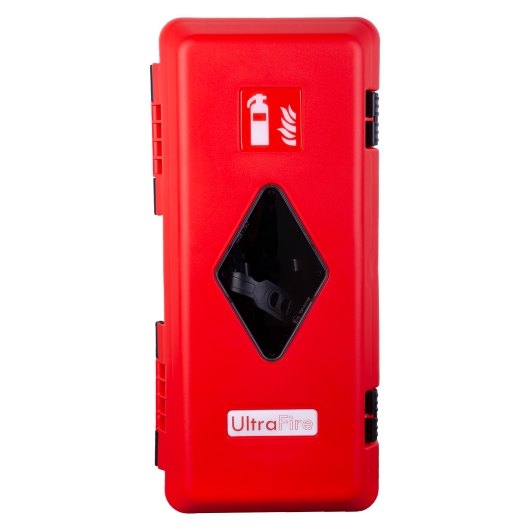 Ultrafire Weatherproof Single Extinguisher Cabinet Front view of the ultrafire weatherproof single extinguisher cabinet in red with a small window and symbol panel