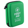 Green first aid kit with a zippered case, featuring a white medical cross, “FIRST AID” text, Deca+Med branding, and icons for home, travel, car, and outdoor use.