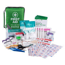 Green pouch with Decakit2 Deca Med Family And Home First Aid Kit full kit contents displayed including bandages, scissors, wipes, and guides