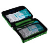 Open green case showing packets and contents of the Decakit2 Deca Med Family And Home First Aid Kit
