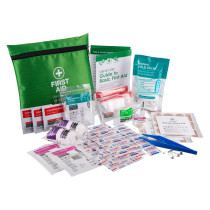 Green pouch with Decakit4 Deca Med Small First Aid Kit Full Contents spread out including gloves, cold pack and bandages