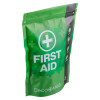 Green waterproof pouch with white cross and text First Aid Decakit5 Deca Med angled shot