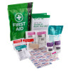 Image showing the Decakit5 Deca Med Waterproof First Aid Kit with its full contents including wipes, gloves, bandages, cold pack, and guide leaflet