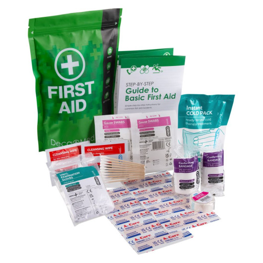 Image showing the Decakit5 Deca Med Waterproof First Aid Kit with its full contents including wipes, gloves, bandages, cold pack, and guide leaflet