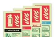 A group of fire extinguishers ID signs