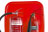 2 red fire extinguishers on a red stand