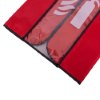 bottom of a fire extinguisher cover closed showing red fabric and clear plastic window with white extinguisher symbol