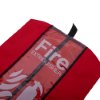Closeup angled view of a red fire extinguisher cover closed with clear plastic window and black trim