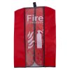 front view of a fire extinguisher cover closed in red with white text and symbols visible through clear panel