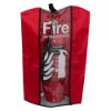 Red fire extinguisher cover showing front view with visible carbon dioxide extinguisher inside transparent panel