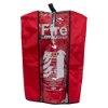 fire extinguisher cover in red with clear front panel showing foam extinguisher inside