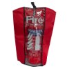 Red fire extinguisher cover shown from the front with powder extinguisher visible through clear panel