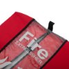 Closeup angled view of a red fire extinguisher cover with a clear plastic window and black trim and handle