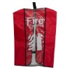 Red fire extinguisher cover with an open front panel showing a white fire extinguisher symbol on clear plastic