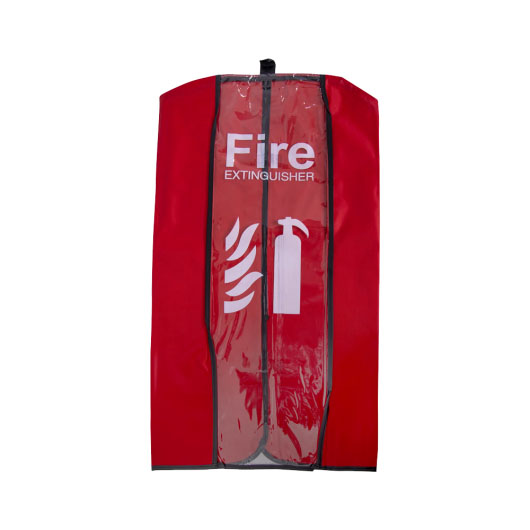 A large red fire extinguisher cover with white text