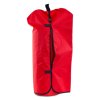 Back view of a large extinguisher cover in bright red fabric with a central black zip and fastening straps