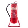 Single red metal extinguisher stand shown from the front holding a large red foam extinguisher with hose and label visible