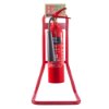 single red metal extinguisher stand shown from the front with a red fire extinguisher attached