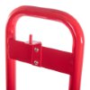 Close-up of the handle on a single red metal extinguisher stand showing red metal frame and fittings