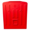 Red back view of double fire extinguisher stand with mounting holes and structural ridges visible