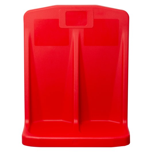 front view of a red double fire entinguisher stand with two compartments and a top label holder
