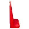 Side view of a red double fire extinguisher stand showing two holder spaces and upright back support