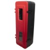 Angled view of a single extinguisher cabinet in red and black with two small rectangular windows on the front panel