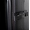 Close up of closing clasp on single extinguisher cabinet showing latch and door edge in black finish