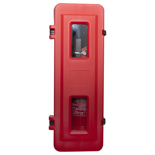 Single extinguisher cabinet shown from the front with extinguisher visible inside through two small windows