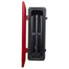 single extinguisher cabinet with the front door open showing the inside storage area and strap