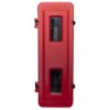 Front view of a red single extinguisher cabinet with two rectangular transparent windows