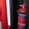 single extinguisher cabinet with open door showing a powder extinguisher inside