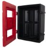 double extinguisher cabinet shown with its door open at an angle revealing the empty interior and securing straps