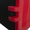 Close up of external hinge on red double extinguisher cabinet showing hinge detail and texture