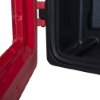 Close up of open door on double extinguisher cabinet showing red and black interior edges