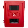 Front view of a red double extinguisher cabinet with two rectangular windows and a fire extinguisher symbol in the middle